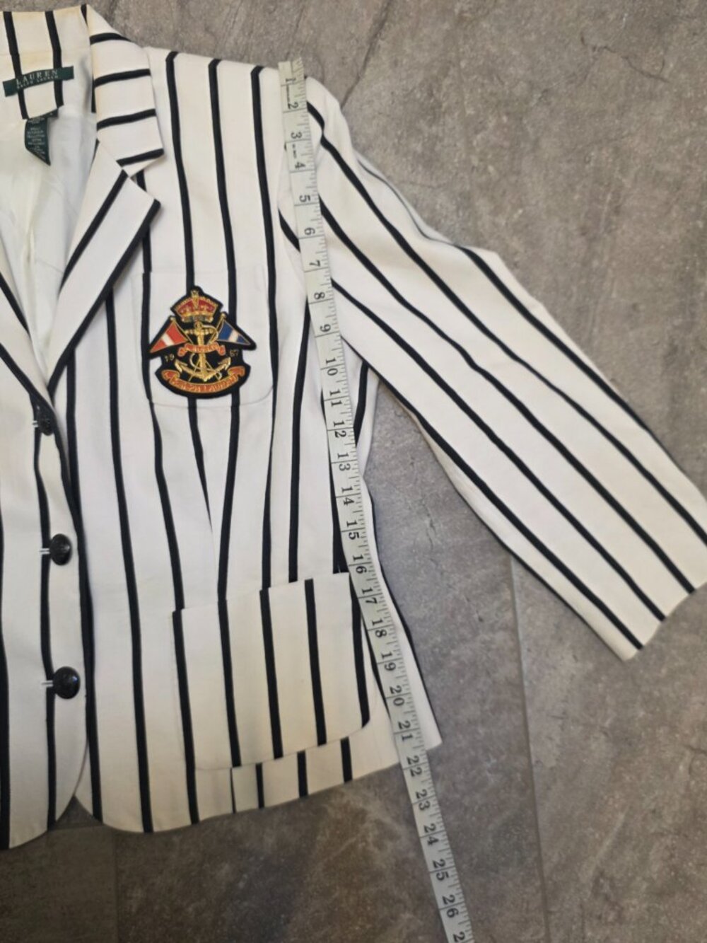 LAUREN Ralph Lauren Women's Lrg White Black Striped Blazer Jacket Crest 1967 - Picture 8 of 9